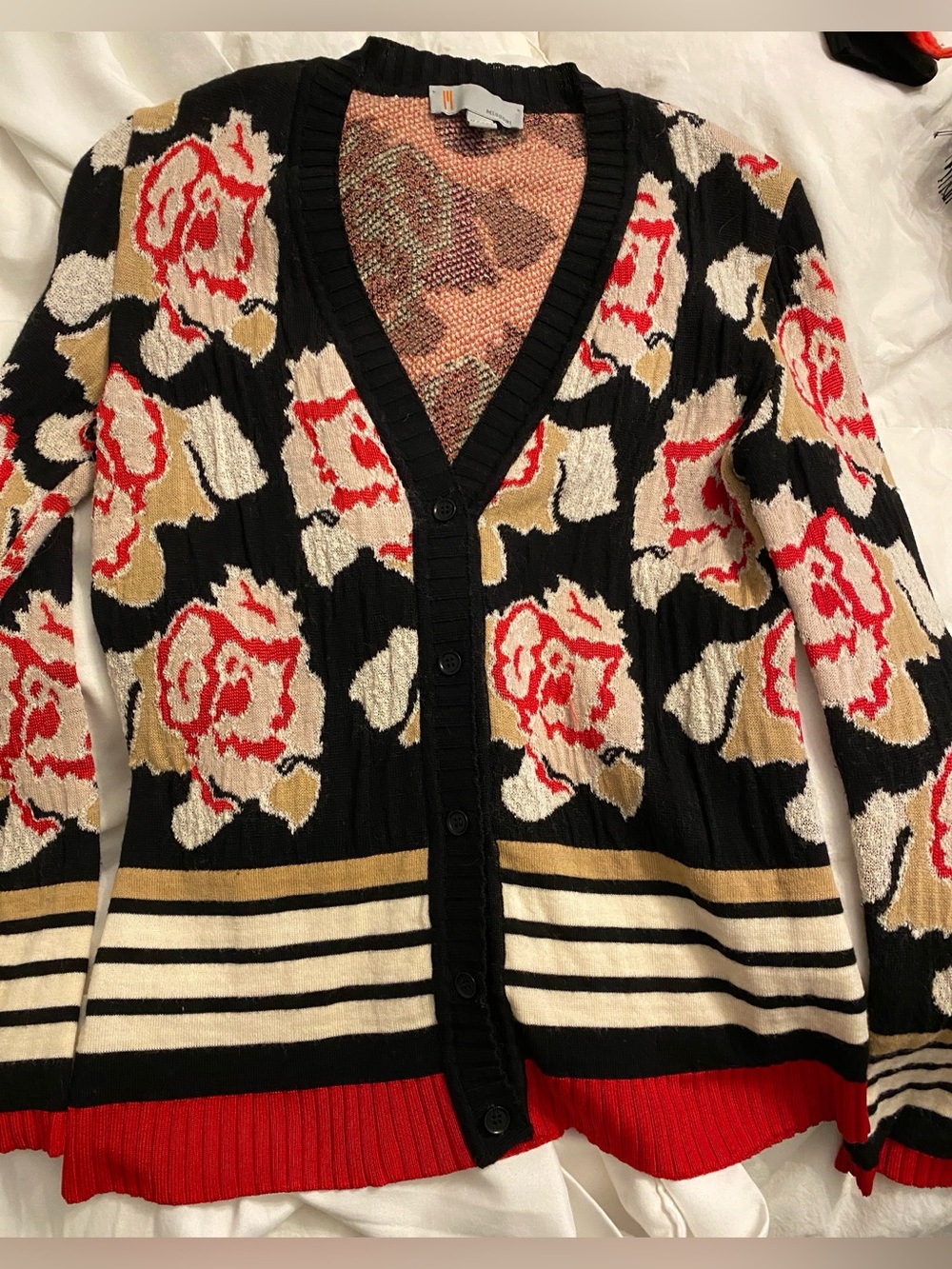 M by Missoni Black Floral Cardigan with Red and Cream Accents